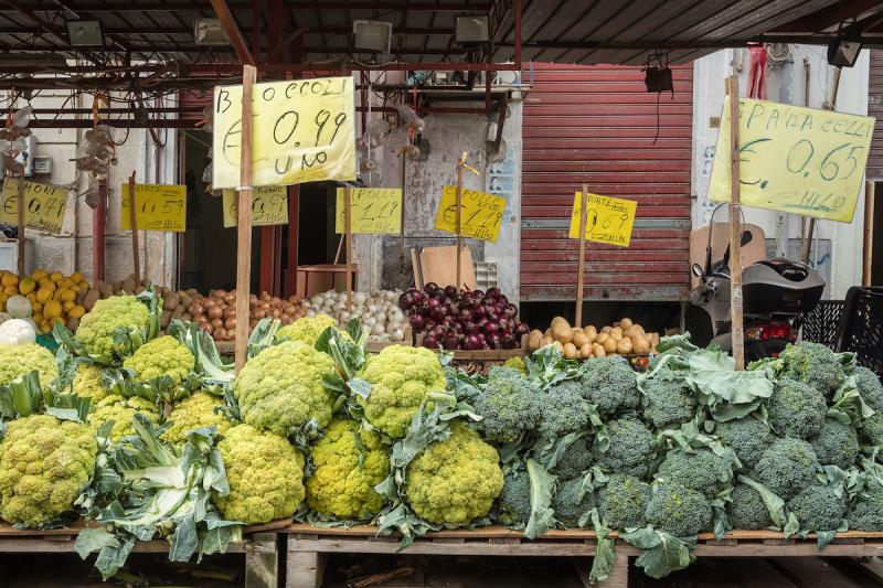 Fresh vegetables: cauliflower and broccoli for sale at famous Ballaro market 