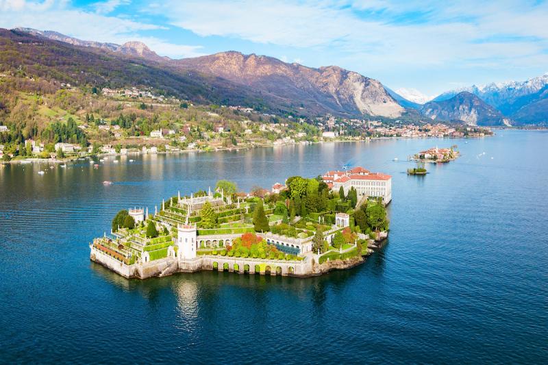 Isola Bella and Stresa town aerial panoramic view. 