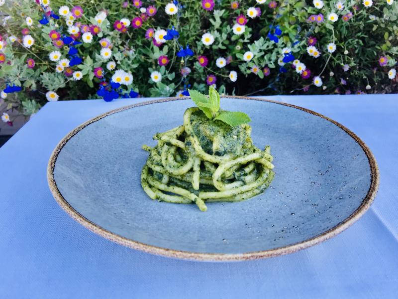 Pici with Etruscan Pesto, photo by Francine Segan