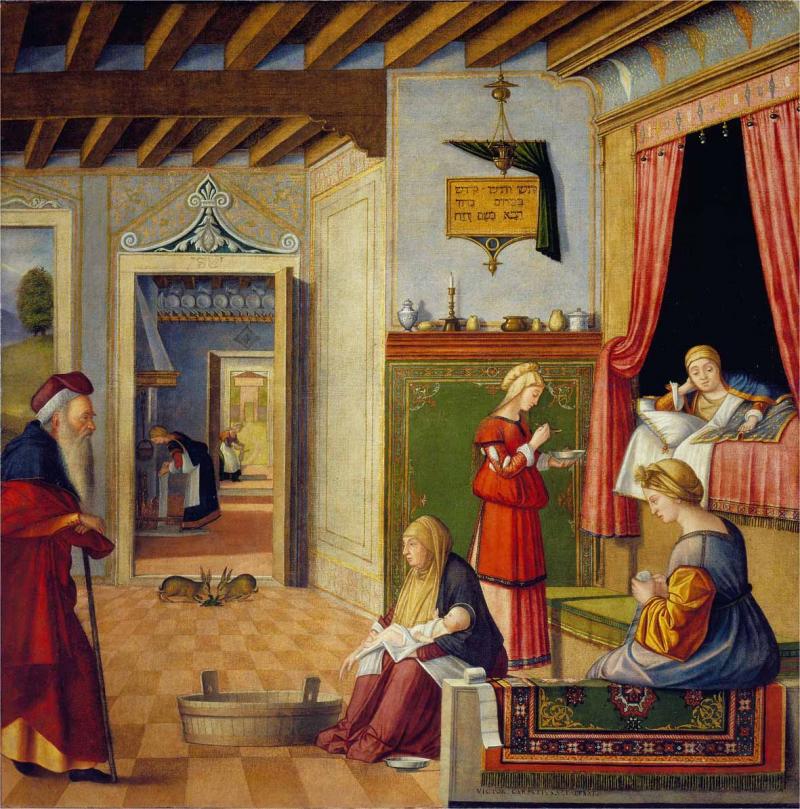 Vittore Carpaccio: Birth of the Virgin, ca. 1502/1503, oil on canvas, 128,5 × 127,5 cm. Bergamo, Accademia Carrara