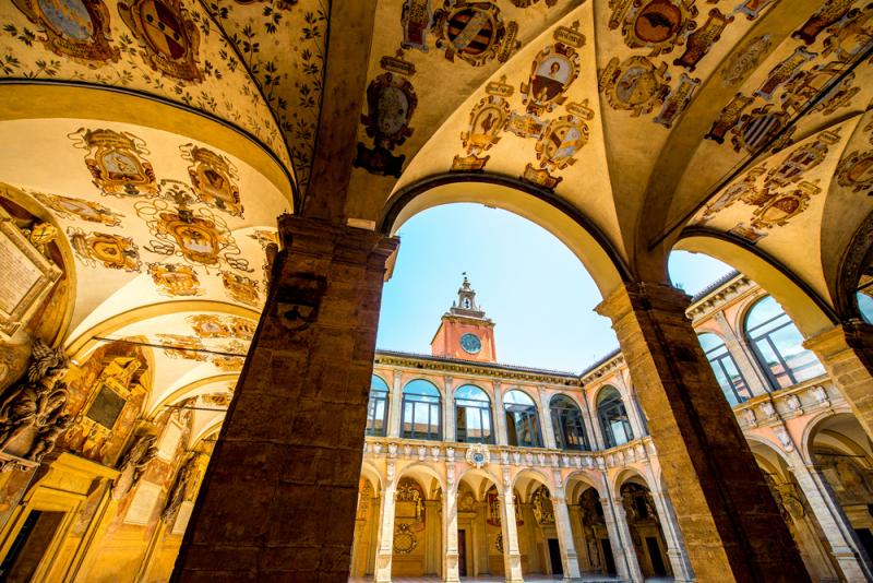 The courtyard of the Archiginnasio, the first official seat of the University of Bologna, built in 1563