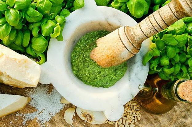 Pesto in a marble mortar how to make pesto sauce